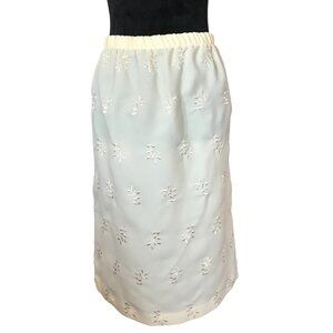 70s Floral Elastic Waist Embroidered Skirt: Vintage Yellow Polyester Size 14